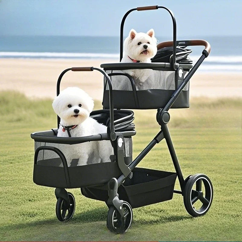 Pet cart, double-layer lightweight and foldable, small and medium-sized dogs can be separated and pushed by hand when going out