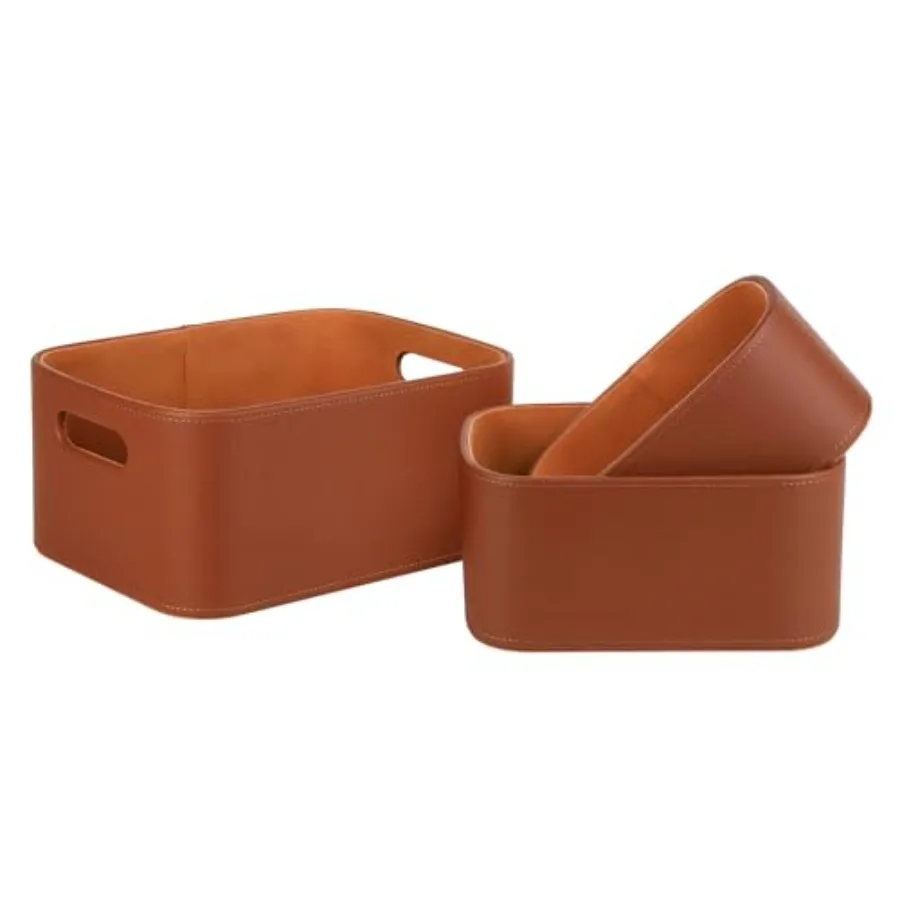 

Faux Leather Storage Baskets Bins with Velvet Lining for Organizing, Storage, Gifts, Set of 3 Nesting Shelf Baskets Decorative