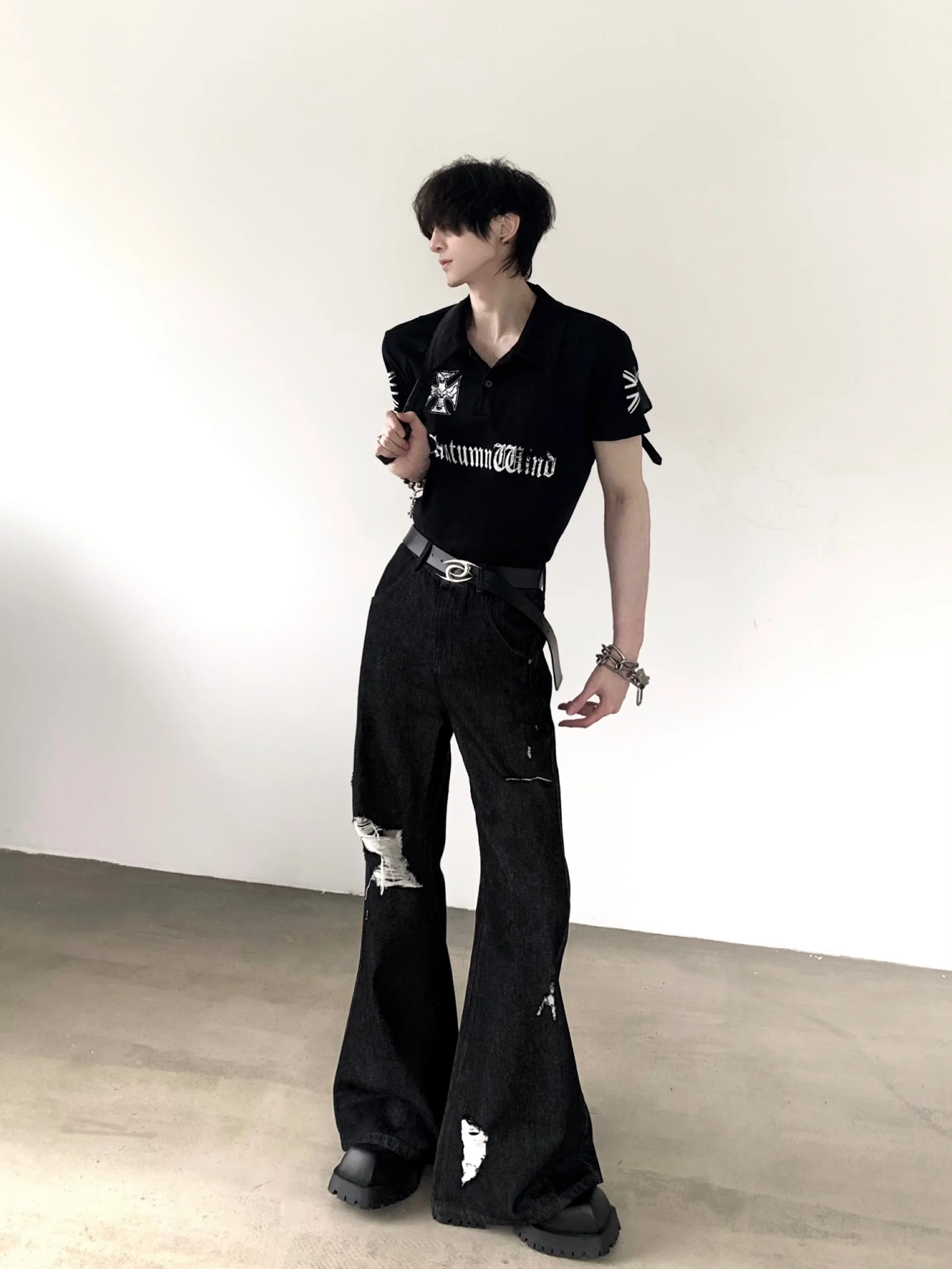 Slim Fit  Shirt Men's Street Style Short Sleeve Printed T-Shirt Breathable Casual Fashion Chinese Brand Autumn Mountain Wind