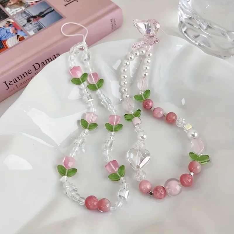 Niedliche pfirsichfarbene Perlen-Handy-Charm-Riemenkette, süßer Mädchenschmuck für Frauen, Perlen-Handy-Blumen-Lanyard für iPhone-Schlüsselanhänger