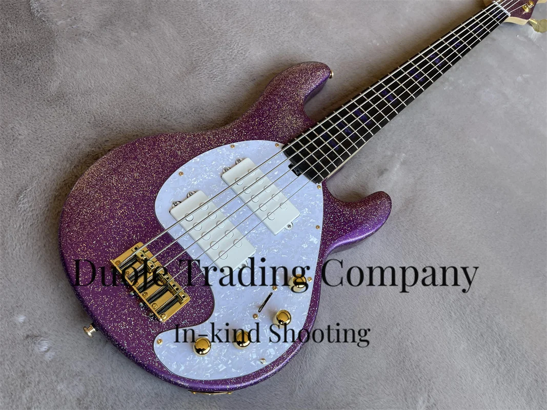 Purple Electric bass Glitter Particle body 5-string bass Rosewood fingerboard Purple square inlaid  white pearl pickup Active