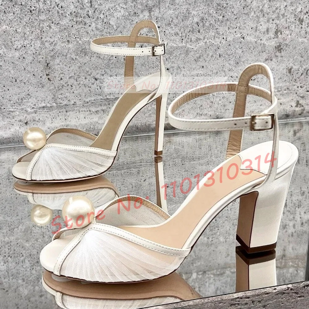 Tulle Pearl Ankle-Strap Sandals Women Wedding Peep Toe High Block Heels White Party Shoes Bride Luxury Casual Mesh Evening Shoes