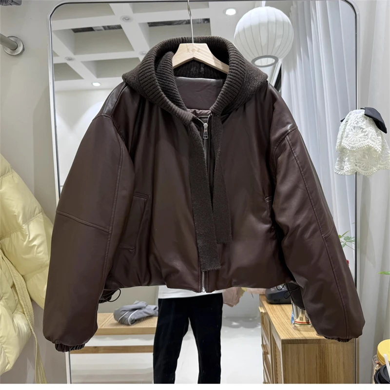 شتاء 2025 المرأة الصوف محبوك المرقعة وشاح بولي Leather الجلود أسفل سترة Y2K جودة عالية موضة عادية سترة قصيرة معطف #1