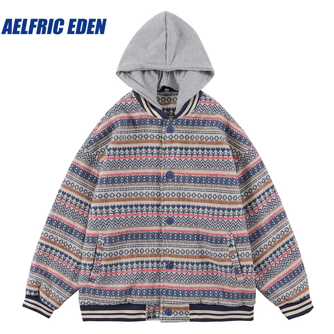 Aelfric Eden Colorful Knit Hoodie Y2K 2023 Men Japanese Hip Hop Vintage Patchwork Streetwear Harajuku Cotton Loose Hooded Coat