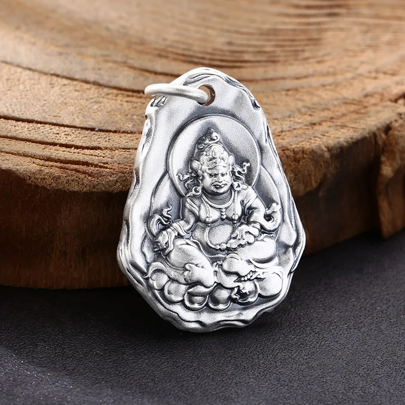 S999 Sterling Silver Yellow Jambhala Pendant Tibetan Buddhism Six Words Mantra Thailand Style Unisex Fine Jewelry