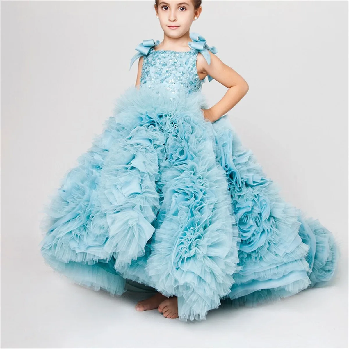 

Luxury Blue Fluffy Suspenders Flower Girl Dress Party Kids Birthday Pleat Floor Length Princess Ball Prom Beauty Pageant Gowns