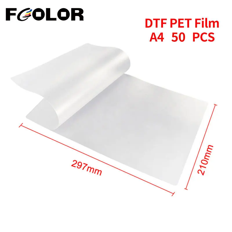 Fcolor 50 arkuszy A4 DTF PET Film do drukarki DTF Direct to T-shirt Folia termotransferowa do drukarki L1800 1390 XP600 A3 DTF