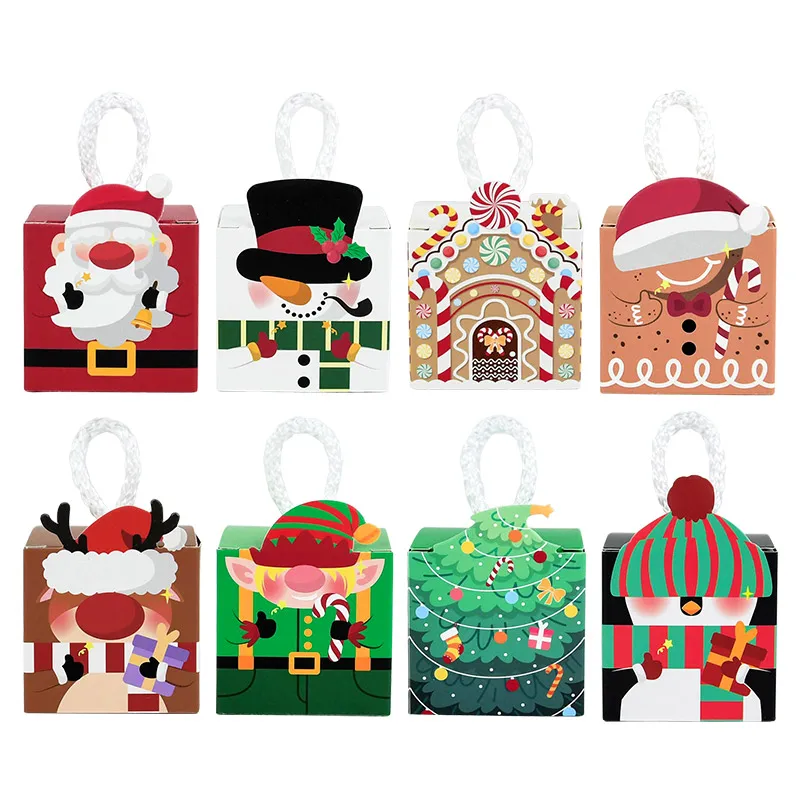 8Pcs Christmas Gift Box Xmas Tree Santa Claus Snowman Paper Candy Cookie Packing Box Bags Children Favors Navidad New Year 2025