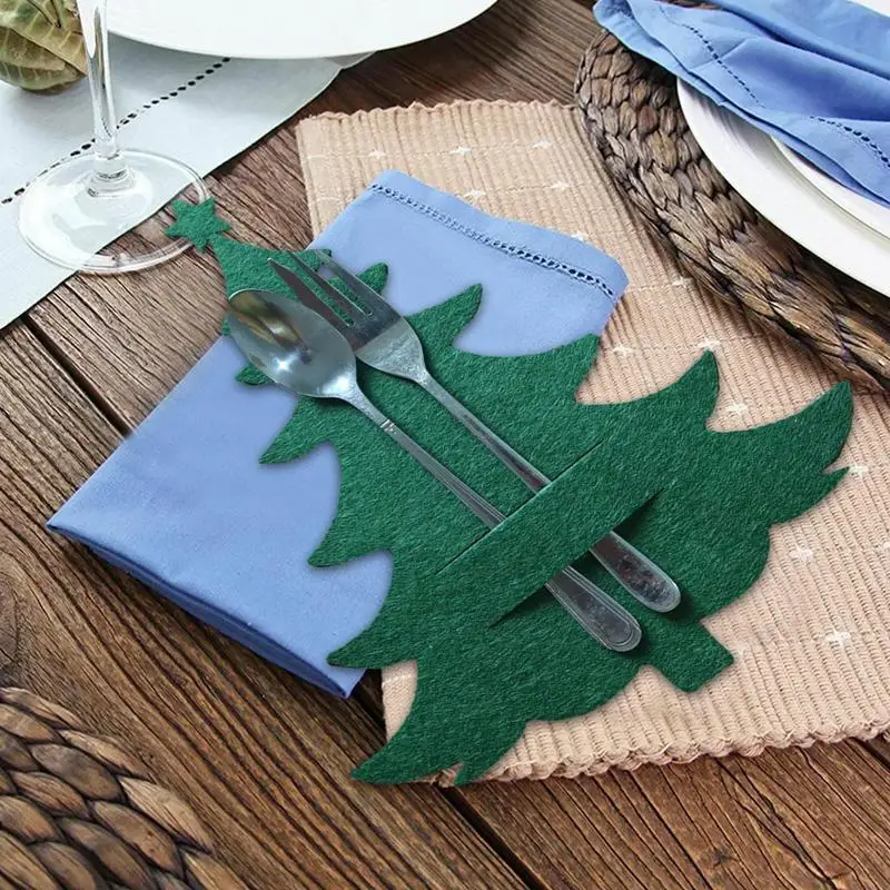 4pcs Christmas Tree Pocket Fork Knife Cutlery Holder Xmas Tree Cutlery Bag Christmas Ornament Home Tableware Table Decor