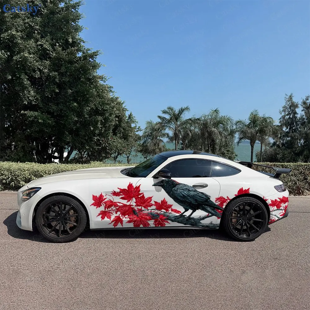 2pcs Crow Perched on Scarlet Maple Car Side Wraps, Self-Adhesive PVC Waterproof & Scratch-Resistant Stickers, Car Accessory Gift