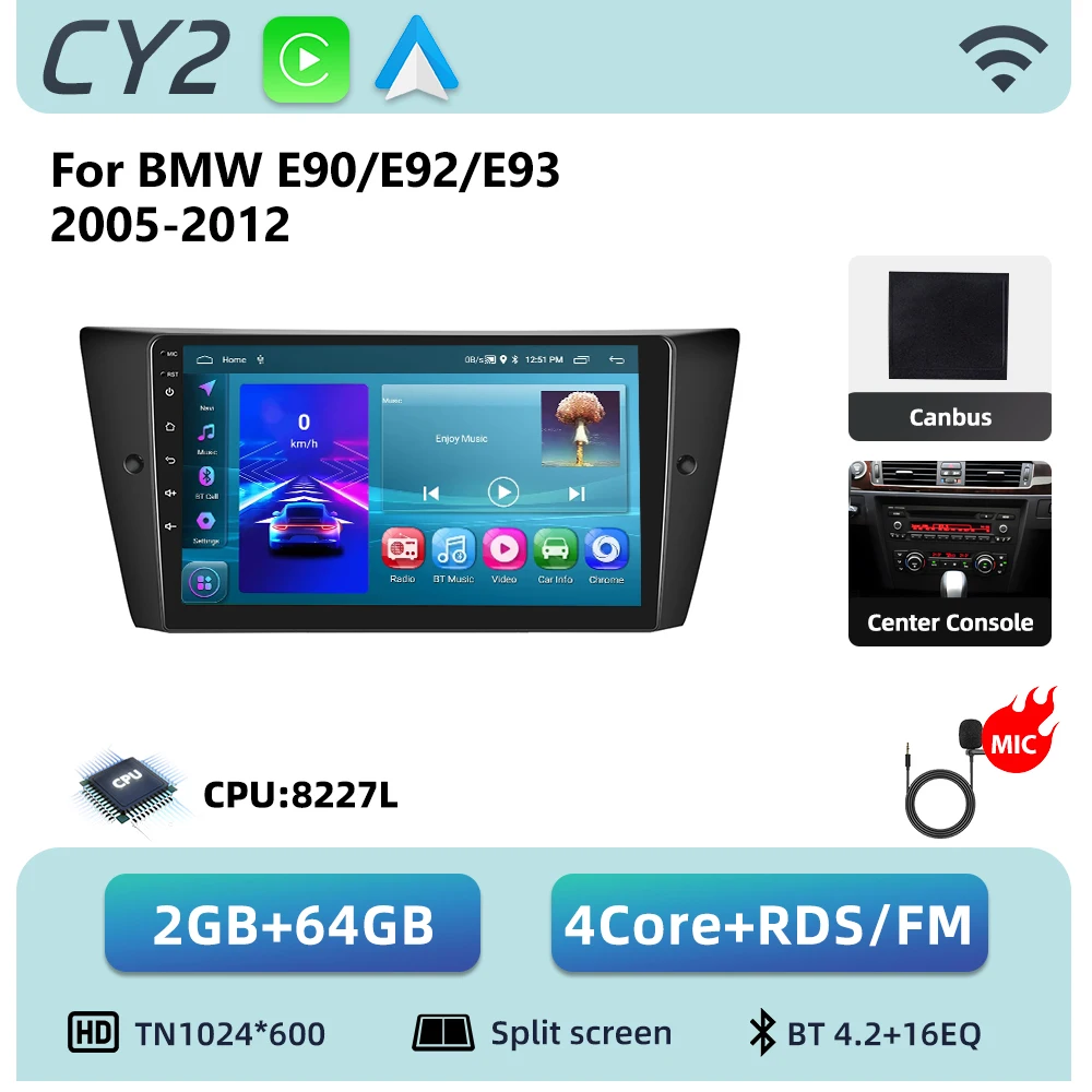 Podofo 8-core Android autoradio voor BMW E90/E92/E93 2005-2012 met draadloze Carplay, Android auto-audio, GPS-navigatie, 4G LTE en WIFI