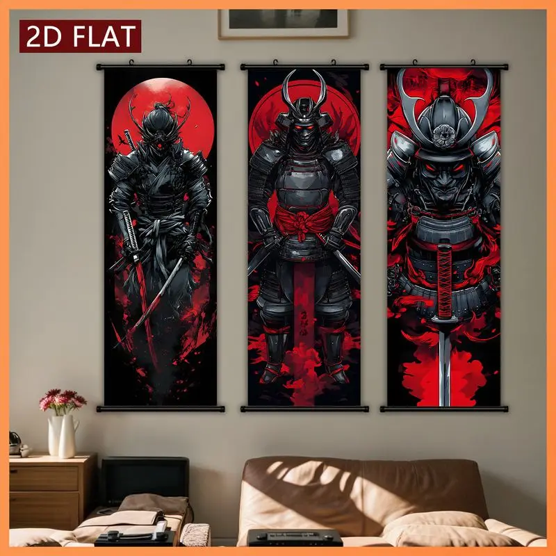 VIKAMA Japanese Samurai Scroll Tapestry Dark Ink Washed Style Vertical Wall Hanging Bedroom Home Decor