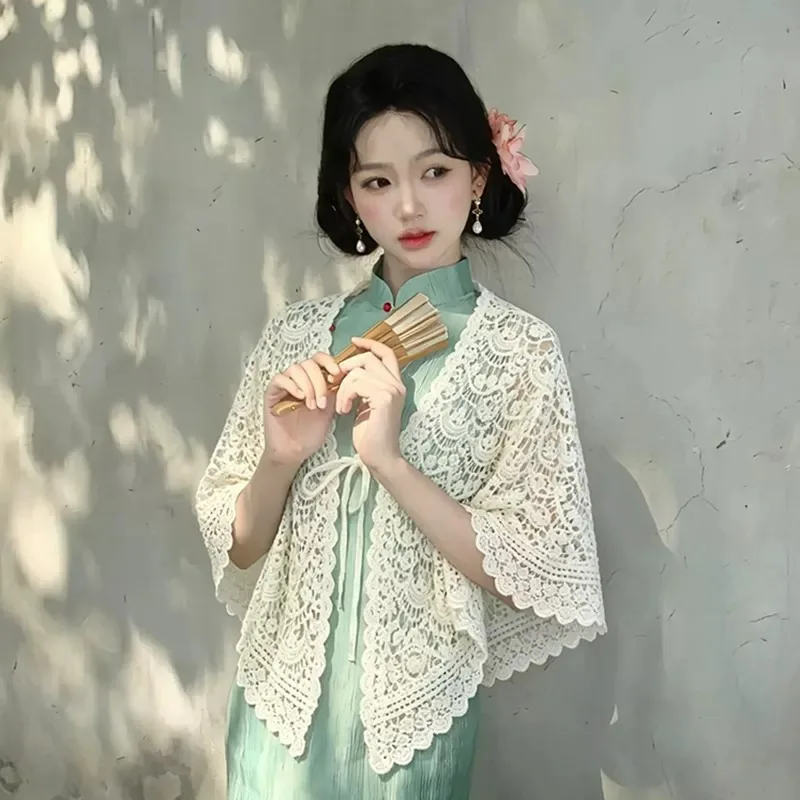Apricot-colored Hollowed-out Knitted Crochet Shawl Retro New Chinese-style Cheongsam for Women Paired with A Cardigan Waistcoat