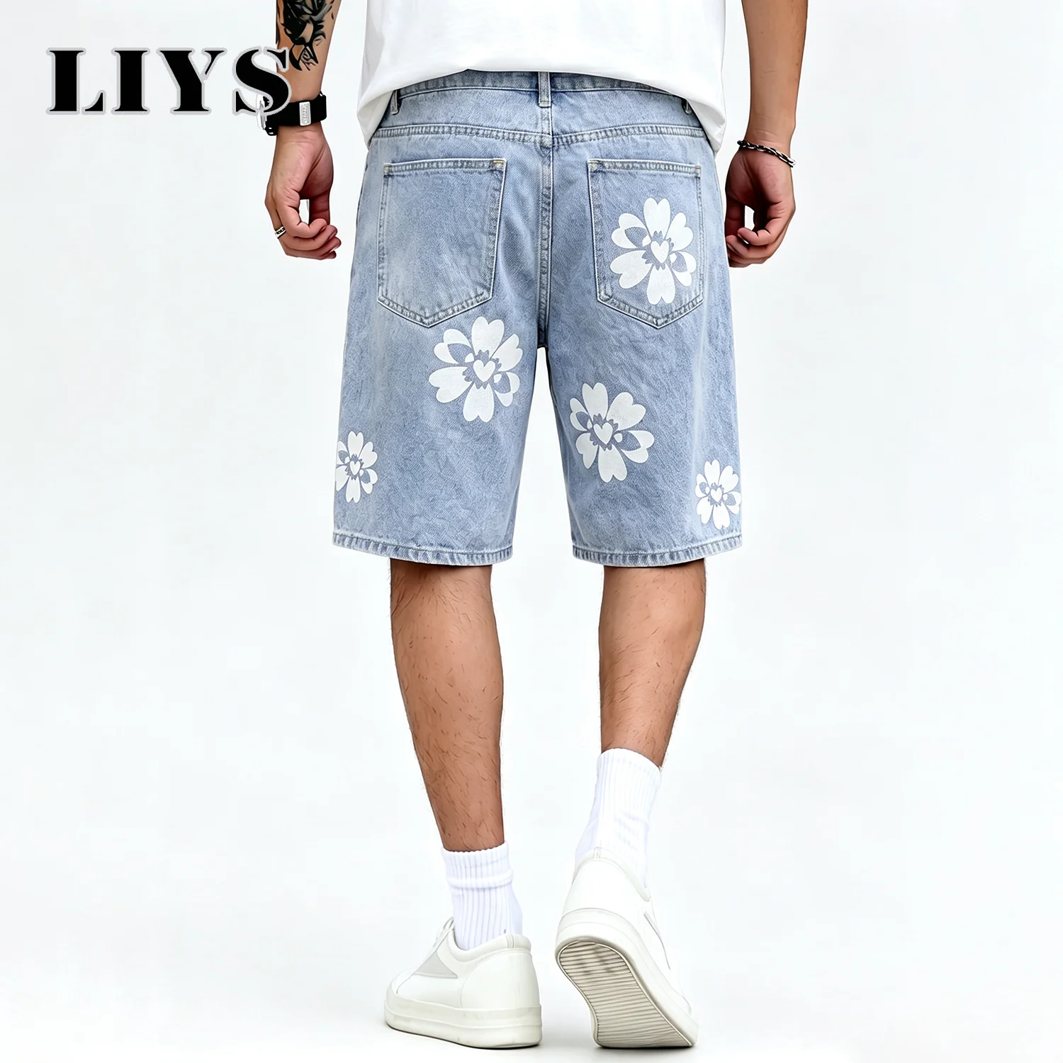 LIYS Men's Summer Light Blue Straight Leg Jeans Shorts Loose Petal Print Bermuda Shorts Men's Casual Short Streetwear Clothes