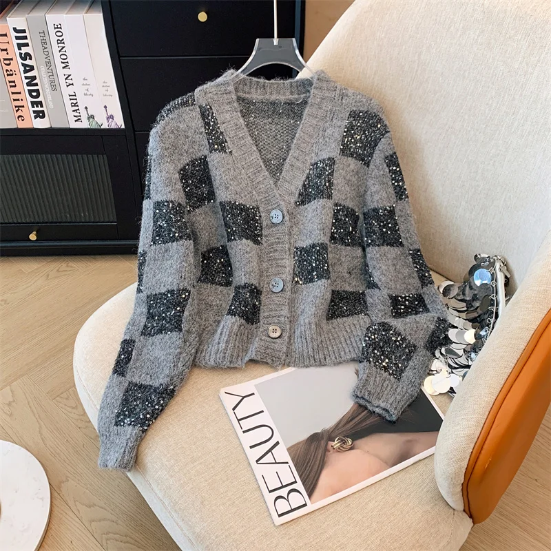 

Женский светло-серый клетчатый кардиган с блестками и длинным рукавом, роскошный вязаный свитер Harajuku, винтажный кашемировый свитер Y2k, одежда 2000-х годов, 2025 г.