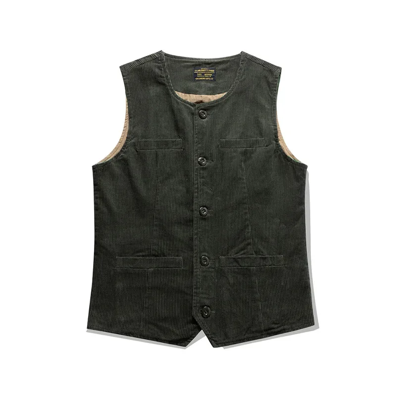 Thick Corduroy Vest for Outdoor Riding, Multi-Pocket Railway Tool Waistcoat, Retro Monochrome Vest, Autumn and Winter Clothing