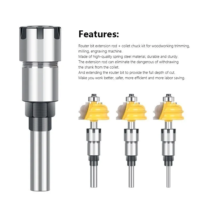 Router Bit Extension Rod 1/2 Shank with ER20 Spring Collet Chuck Wood Milling Cutter Chuck CNC Machine Milling Tool Holder