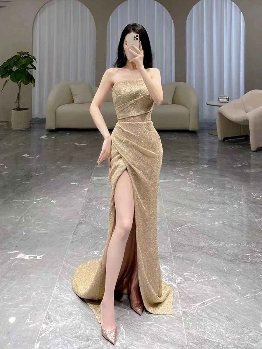 Silver Shinny Sexy Celebrity Dress Strapless Sleeveless Sequin Mermaid Floor Length A Line Slim Women Evening Party Prom Gowns