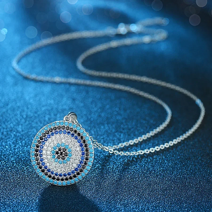 KALETINE 925 Sterling Silver Necklaces Turkish Big Blue Stone Evil Eye Round Pendant Women\'s Necklace Personalized Men Jewelry