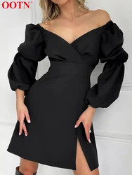 OOTN Elegant Dresses Women V Neck Puff Sleeve A Line High Waist Black Dress Split Female Vintage 2024 Autumn Fashion Solid