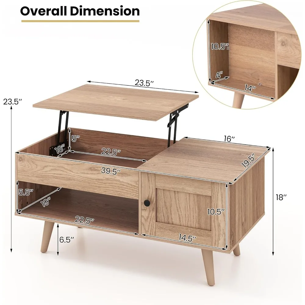 Lift Top Coffee Table,  with Hidden Compartment, Open Shelf & Cabinet, Wooden Flip Top Center Table, Pull up Coffee Table