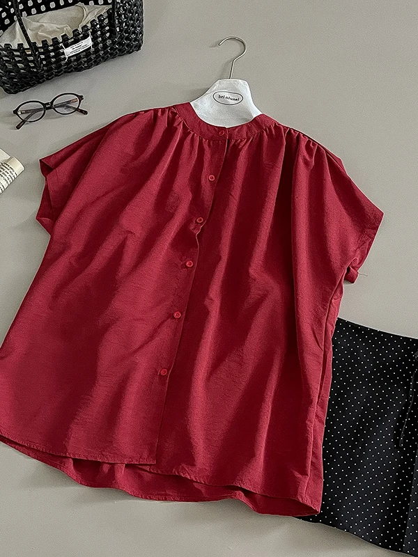

Wedbleser Round Neck Short Sleeved Red Shirt 2025 Summer New Korean Women Fashion Loose Slimming Solid Color Blouse Top