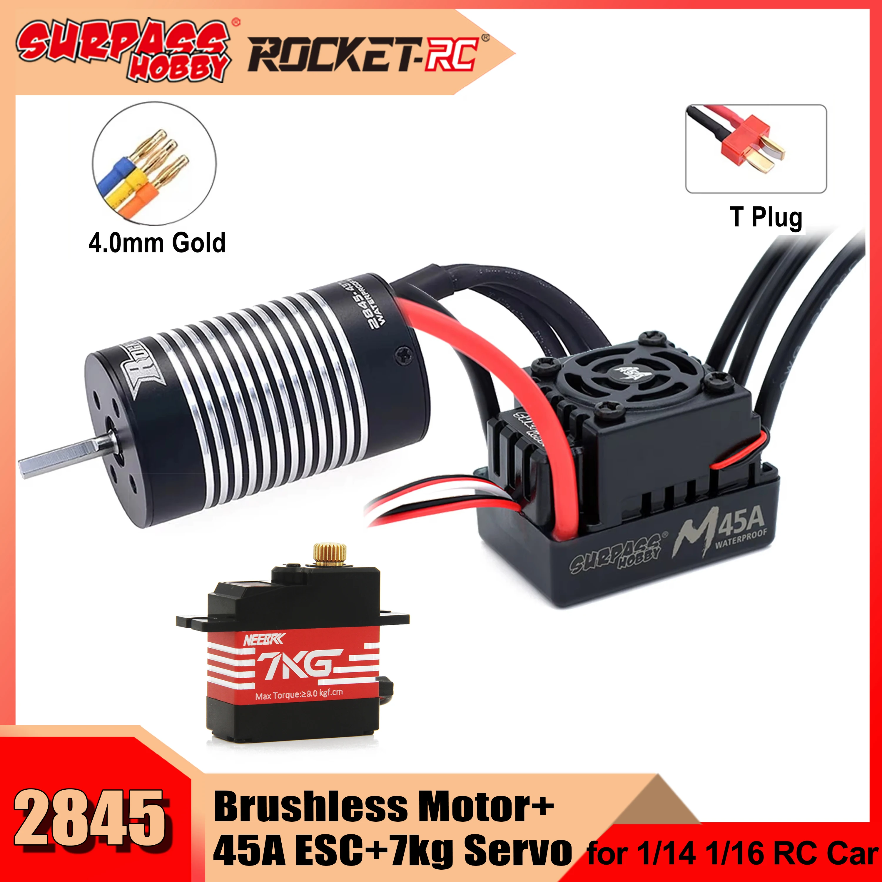 

Rocket 2845 Waterproof Brushless Motor w/ 45A ESC 7kg Servo Combo for 1/12 1/14 RC Car Wltoys 144001 12428 Traxxas HSP Robot