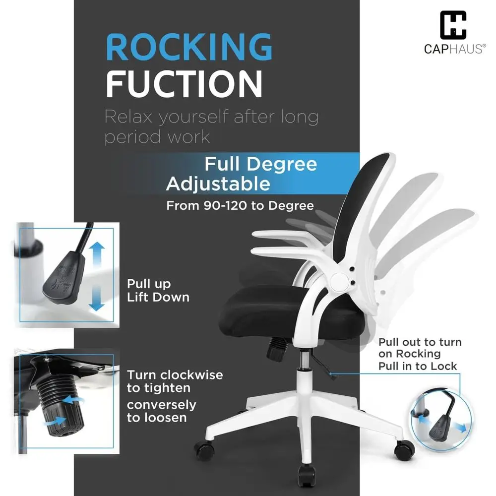 Breathable Mesh Ergonomic Swivel Chair with Flip-Up Backrest, Adjustable Height, Lumbar Support, and Rolling Wheels for Home Off