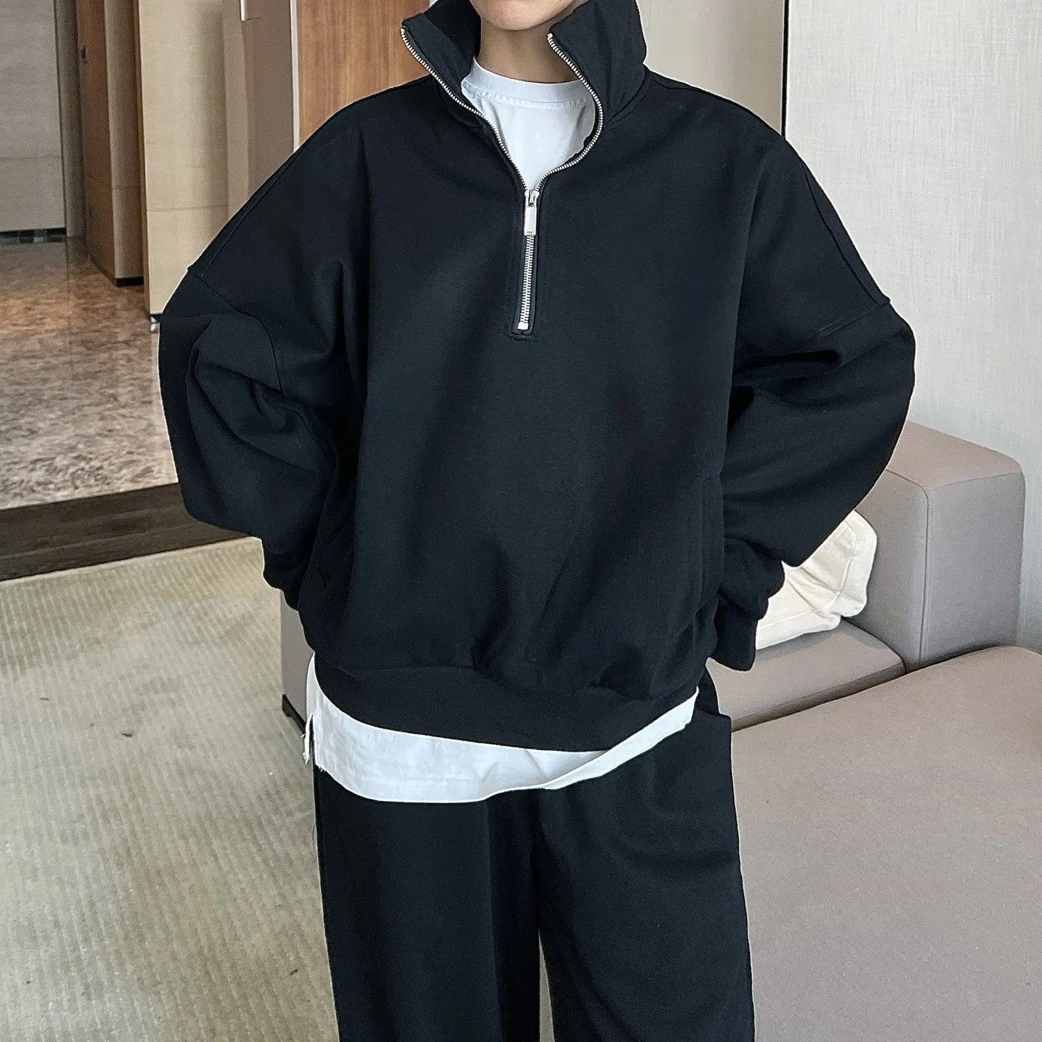 Korean Harajuku High Street Solid Color Half Zipper Stand Collar Pullover Sweatshirts for Men Jacket Loose Casual Sweatshirt
