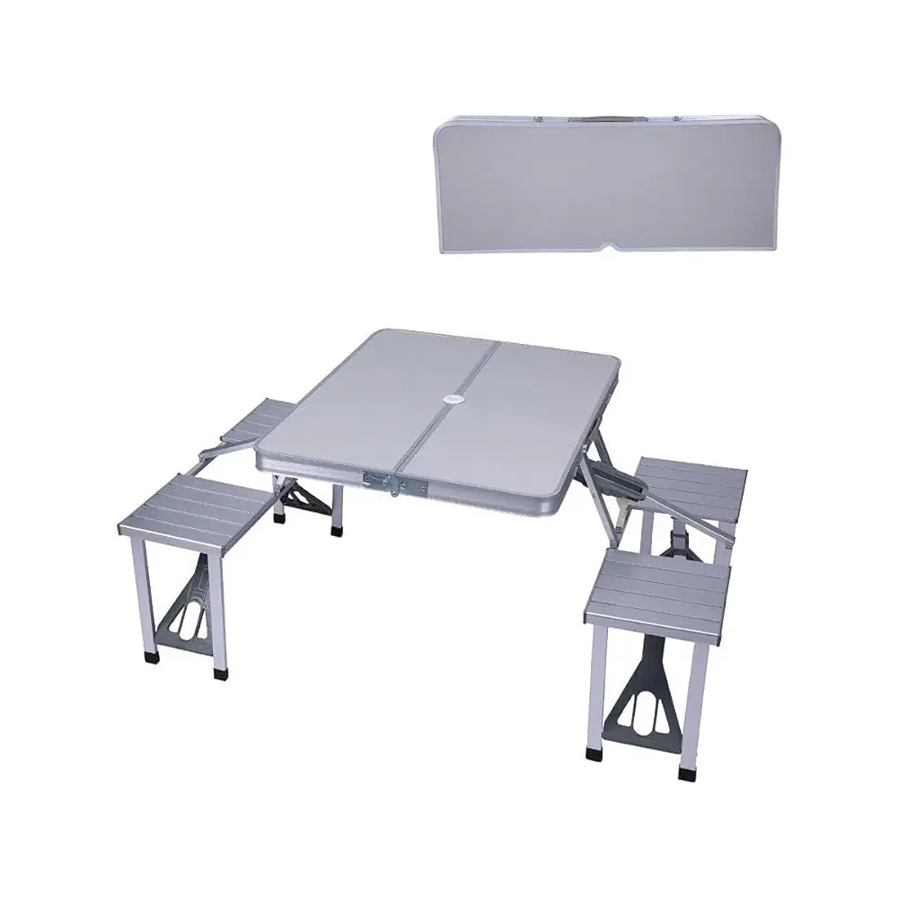 

Folding Camping Table Chair Set - Silver, Aluminum Suitcase Portable Camping Picnic Table With 4 Seats, Umbrella Hole For