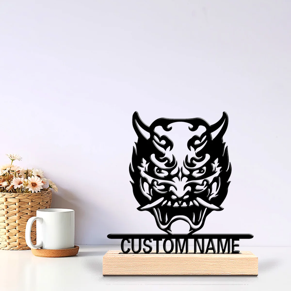 1pc mask Demon Customizable Text Metal Statue Iron Ornament Handicraft With Wood Base Metal Statue Home Table