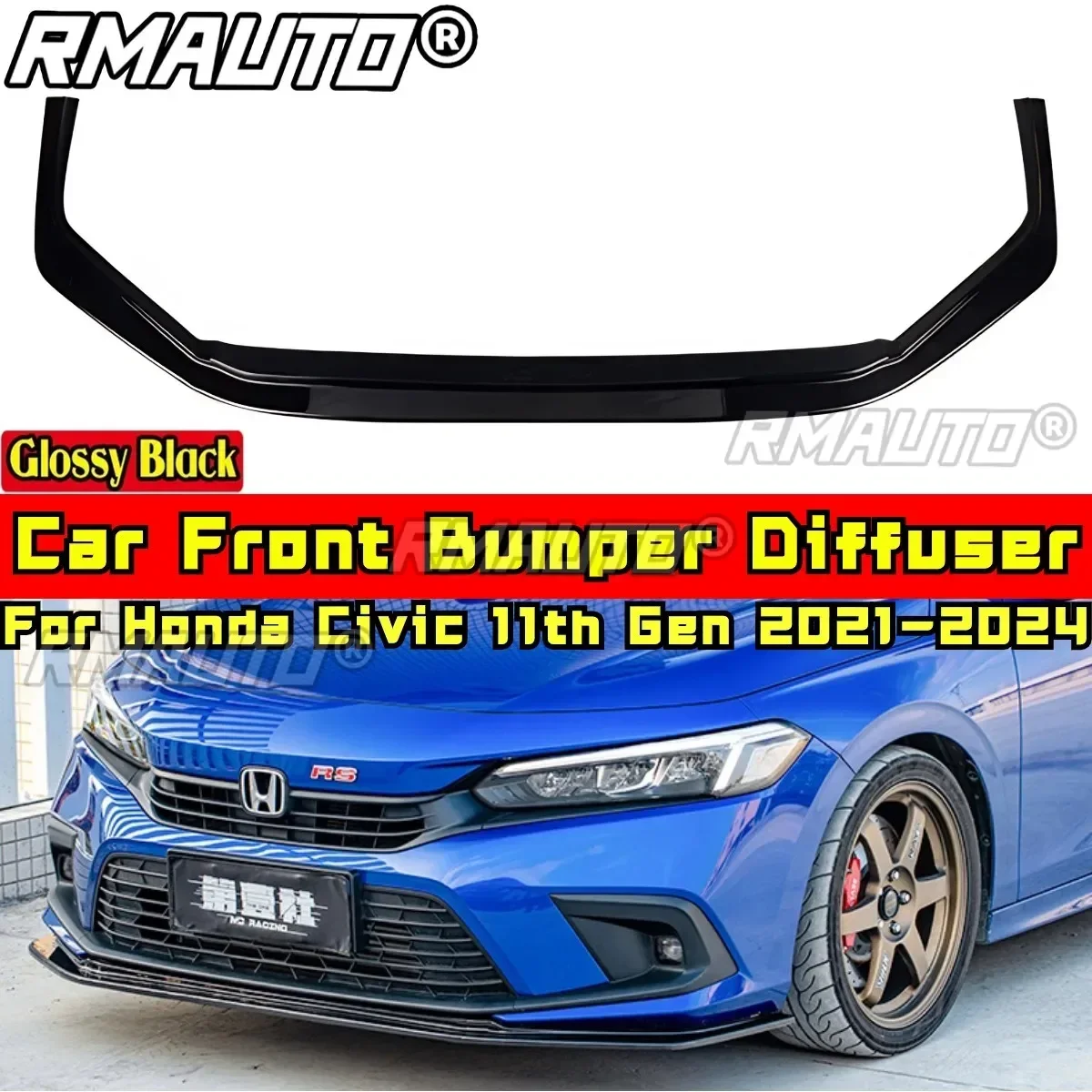 

For Honda Civic 11th Gen 2021-2024 Body Kit Front Bumper Diffuser Glossy Black RS Style Front Bumper Splitter Car Accessories
