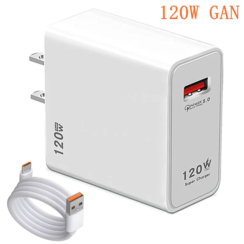 120W Gan USB Fast Charger QC 5.0 Type C Wall Charger Adapter with Cable Block for iPhone Xiaomi Samsung Huawei Oppo EU/US/UK