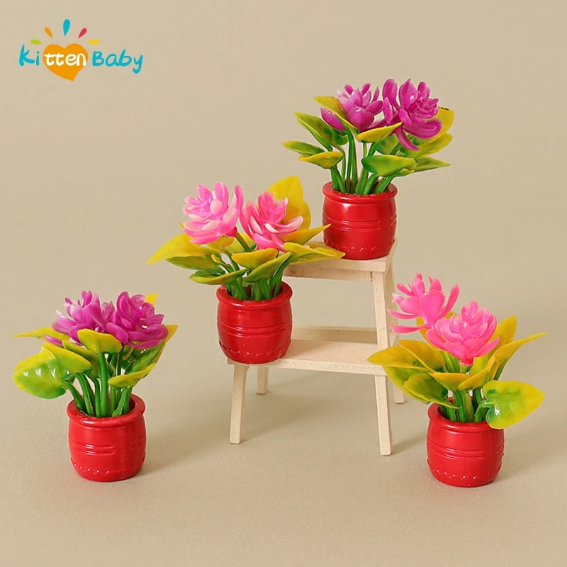 1:12 Dollhouse Miniature Potted Plant Red Purple Flower Pot Bonsai Garden Home Model Decor Toy Doll House Accessories Decoration