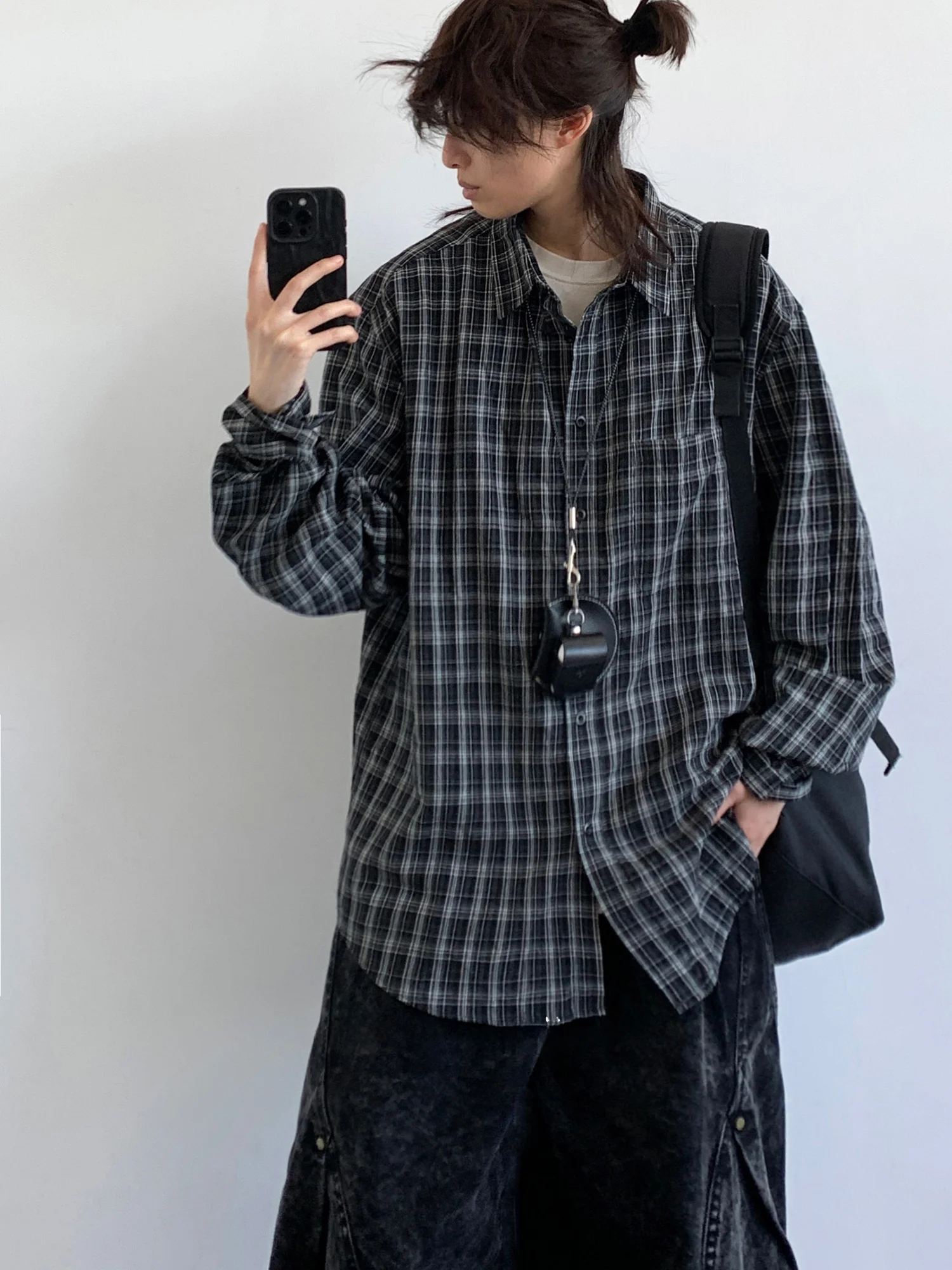 

Японская клетчатая одежда в стиле ретро Long Sve irt ex, свободная повседневная рабочая одежда, универсальный базовый слой, топ для мужчин и женщин