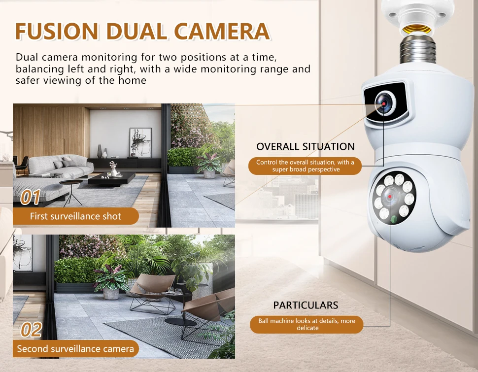 WiFi Camera E27 Bulb Dual Screen 4MP Dual Lens Auto Tracking Two-Way Audio Color Night Vision Outdoor Security Camera