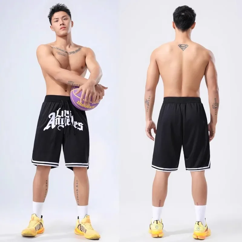 American Basketball Shorts Men Over-the-knee Ball Pants Five-quarter Length Cloth Printed Loose Running Training Pants Mesh Gym