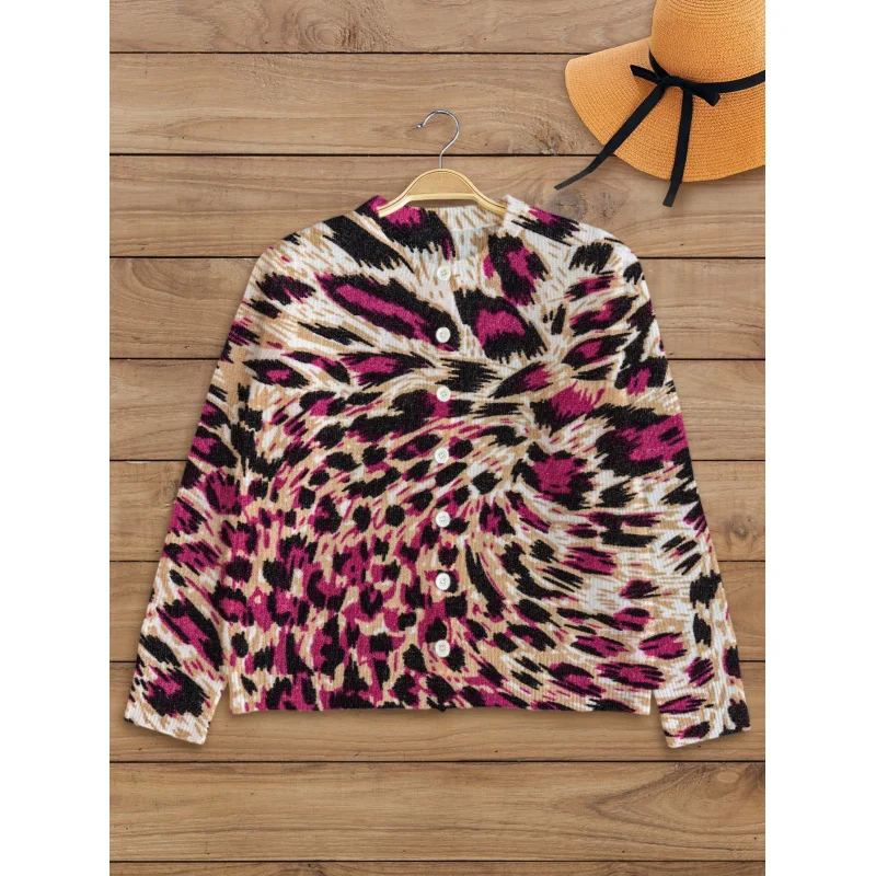 

Vintage Leopard Print Sexy Pattern Women's Sweater Cardigan Thickened Loose Round Neck Long Sleeve Button Autumn Winter Outdoor