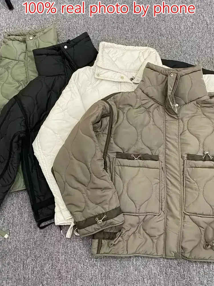 Quilted coat for women ETJ 2025 QUILTED JACKET WITH TIES new beige drawstring high neck pocket clip cotton jacket for women