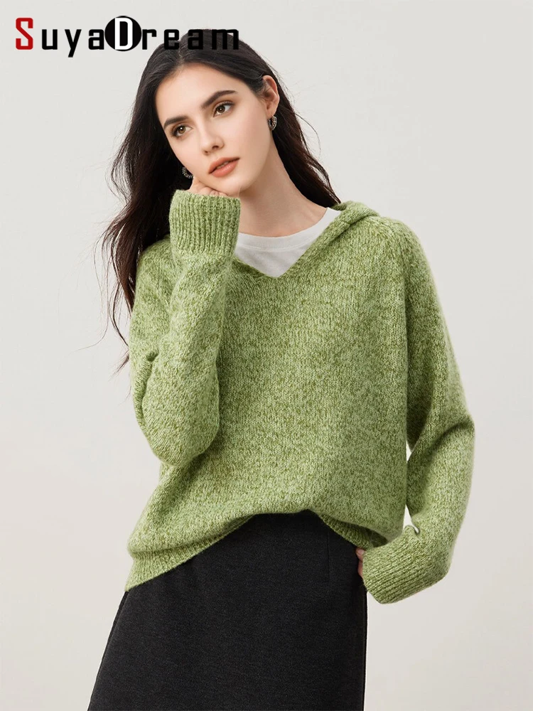 SuyaDream, Women Hooded Pullovers, Sheep Wool Blend, Melange Chic Sweaters, 2025 Fall Winter Warm Top