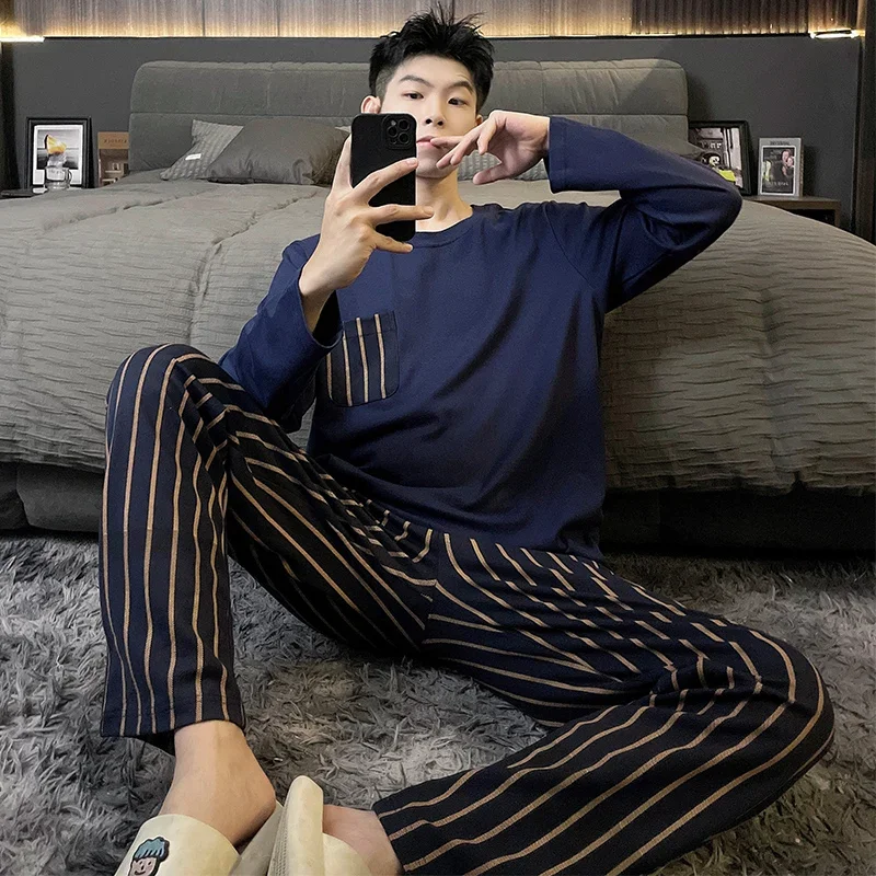 

spring Autumn Men's Pajamas Set Leisure loose young Boys Sleepwear Stripe Long Sleeve Nightwear Pijama Home Wear y2k men Clothes