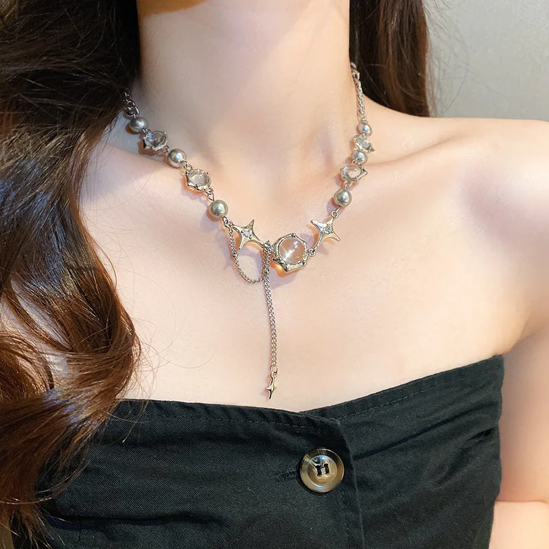 Funkelnde Mondlicht-Stein-Anhänger-Halskette für Frauen, Sternenlicht, unregelmäßige lange Quastenkette, Halsreifen, Accessoires, Modeschmuck – Detail 13