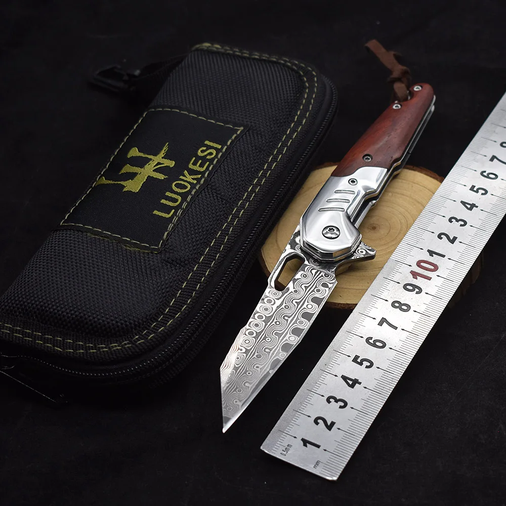 Damascus Steel Rosewood+steel Handle Ball Bearing Knife Outdoor Fishing Hiking Portable Pocket Knife
