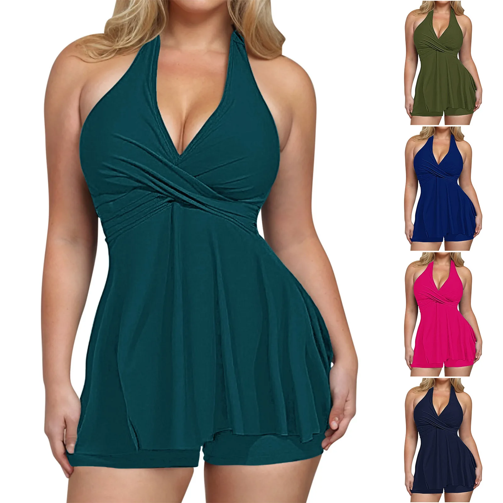 Women Bikini Set Digital Print Low Cut Tie Side Halter Amazon Tankini