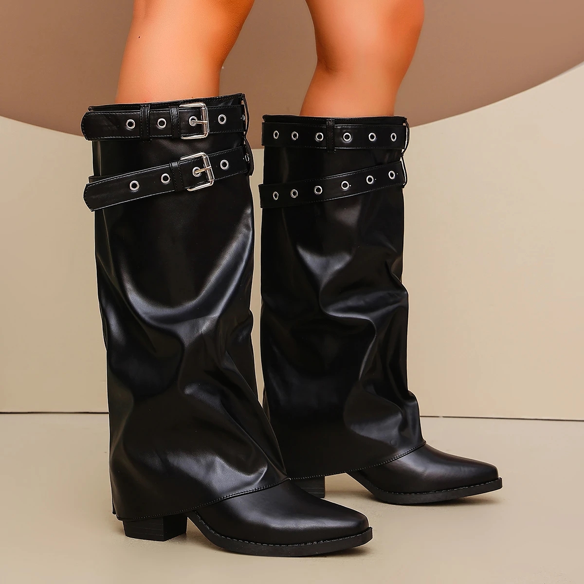 Punk-Gürtelschnalle, schwarze Overknee-Stiefel für Damen, Herbst/Winter, Lackleder, klobige High-Heel-Stiefel, Damen-Overknee-Stiefel in Übergröße 43 – Detail 3
