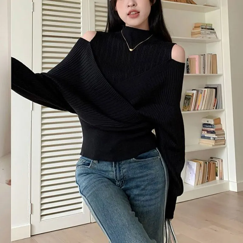 

Fashion Off Shoulder Pullovers Autumn Winter Fake Two Pieces Patchwork Women's Clothing Casual Half High Collar Knitted T-shirt