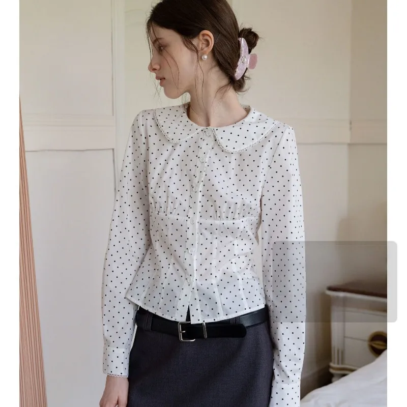 Deeptown Vintage Polka Dot Blouses Women White Kawaii Peter Pan Collar Preppy Style Long Sleeve Shirts Korean Japanese Fashion