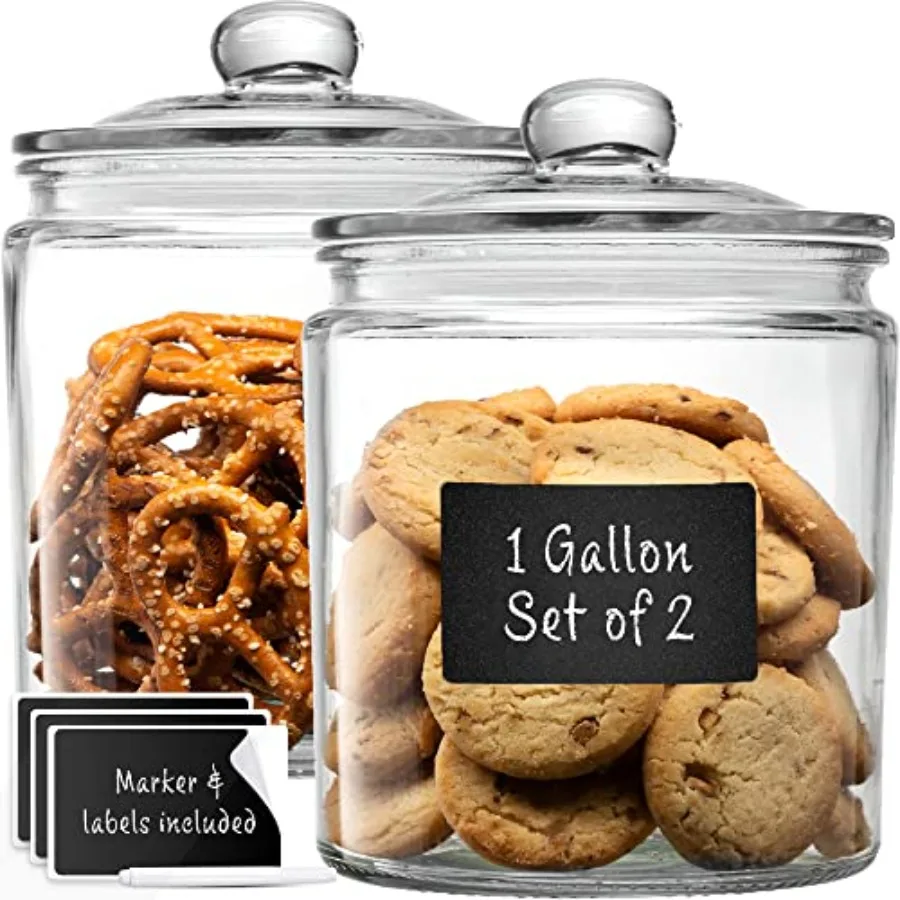 1 Gallon Glass Cookie Jars + Labels and Marker - Set of 2 Canister Sets for Kitchen Counter with Airtight Lids Sugar Packet Hol