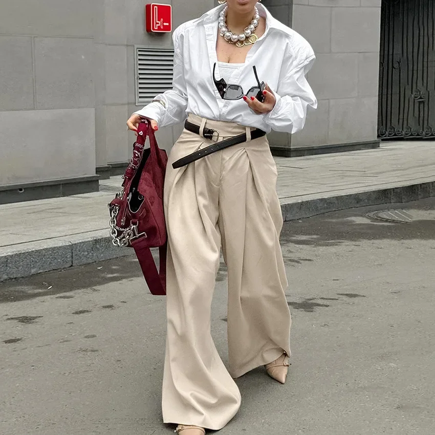 

Khaki Pleated Pants Women's Wide Leg Drapery Trousers High Waist Fluid Fabric Fall Minimalist Streetwear