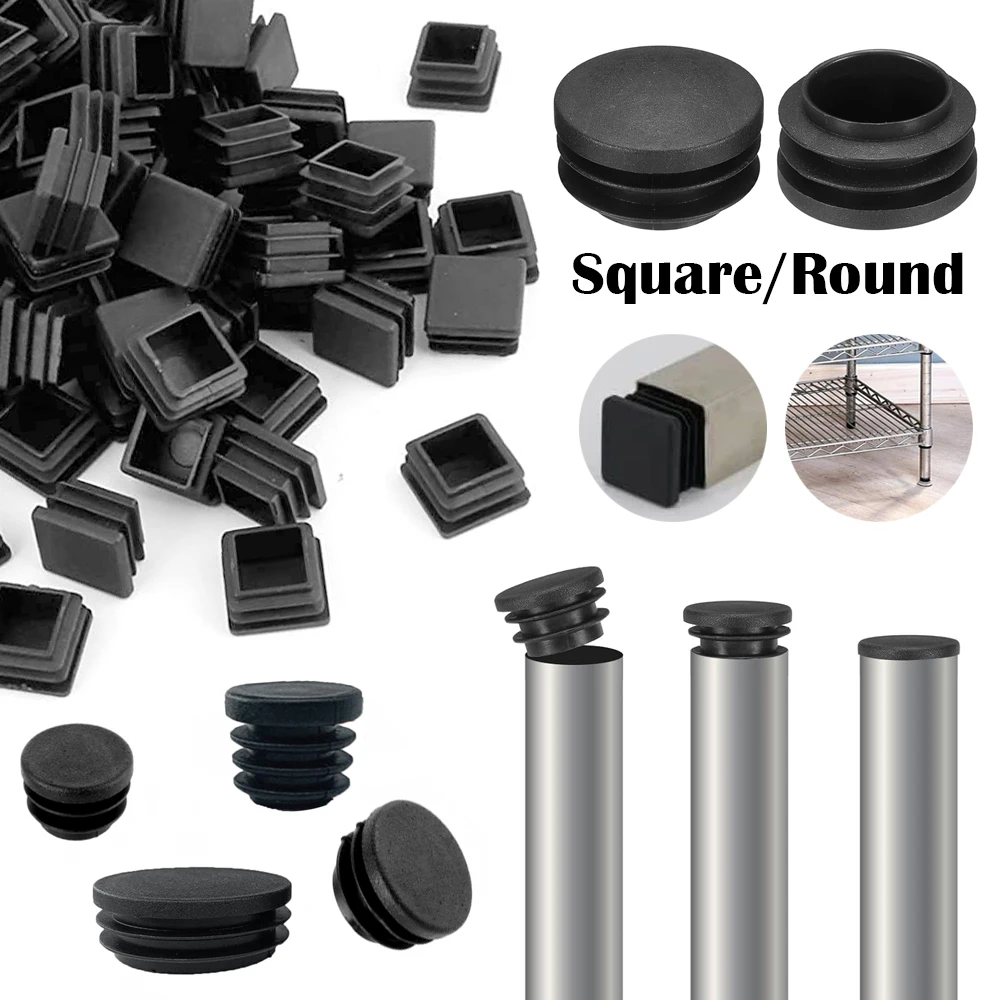 10/16Pcs Square/Round Black Plastic Inner Plug Caps,Pipe End Caps,Furniture Hole Plugs,Dust Proof Seal Cover for BoltsTubes,Rods